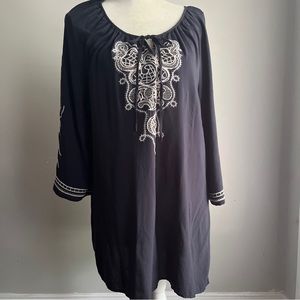 Mollorello Black Dress White Embroidery Sz Med Boho Peasant